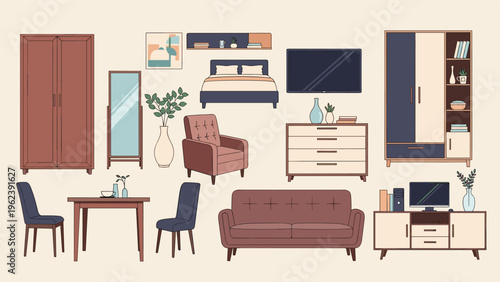 Comprehensive collection of modern home furniture icons including a bed, sofa, wardrobe, dining table, chairs, and television stand.