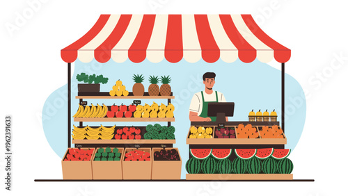 Friendly male vendor standing behind a well-stocked fruit market stall featuring fresh pineapples, bananas, apples, and watermelons.