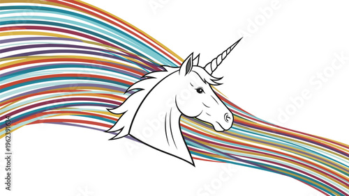 Majestic white unicorn head profile with a spiral horn and colorful rainbow stripes flowing behind it on a clean white background.