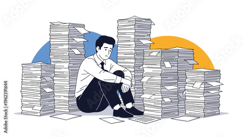 Stressed male employee sitting amongst high piles of documents feeling overwhelmed by a heavy administrative workload in a corporate setting.