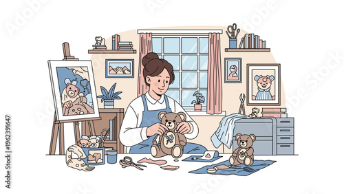 Talented female artisan meticulously handcrafts plush teddy bears in her cozy workshop filled with artistic tools and sketches.
