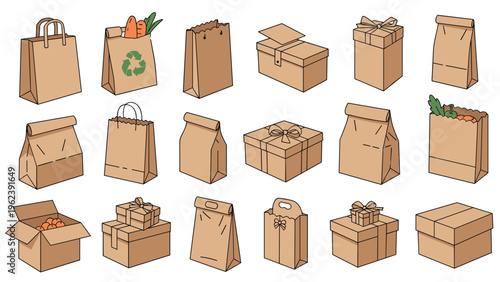 Diverse assortment of brown paper packaging options including shopping bags, grocery sacks, gift boxes, and shipping cartons.