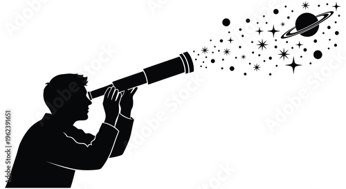 Silhouette of a man looking through a telescope at stars and planets in space