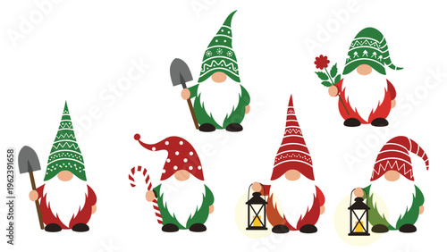 Adorable set of garden gnomes wearing colorful hats and holding various items like shovels, lanterns, candy canes, and flowers.