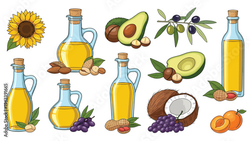 Collection of glass bottles filled with different cooking oils surrounded by their natural sources like olives, avocados, and coconuts.