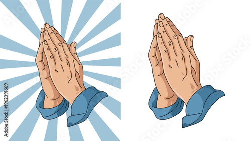 Realistic illustration of human hands clasped in prayer shown against a plain white background and a blue sunburst pattern.