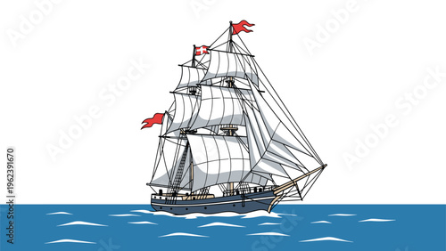 Classic multi-masted sailing ship with billowing white sails and red flags gliding across a calm blue sea surface.