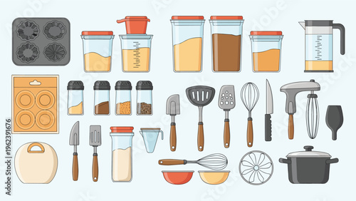 Large collection of essential kitchen utensils, cookware, and storage containers including pots, knives, whisks, and glass jars.
