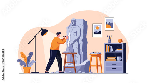 Professional sculptor working on a large stone male figure in a well-lit studio with bookshelves and artistic sketches.
