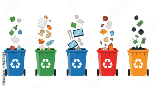 Educational recycling concept showing five colorful bins for plastic, glass, electronic, organic, and hazardous waste disposal sorting.