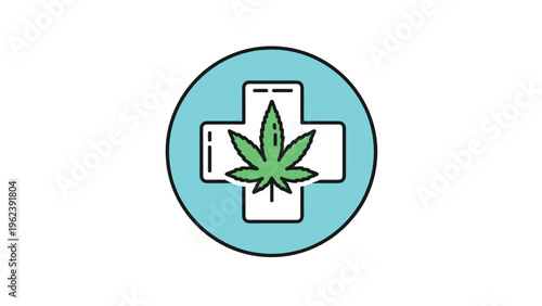 Medical cannabis symbol featuring a green marijuana leaf inside a white medical cross against a light blue circular badge background.