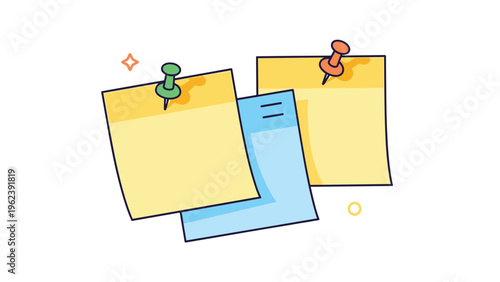 Set of yellow and blue sticky note papers pinned together with green and red push pins for reminders and important office tasks.