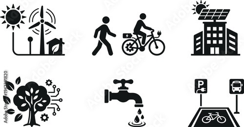 Sustainable city eco icons renewable energy solar wind green transport water conservation clean technology environment vector illustration set