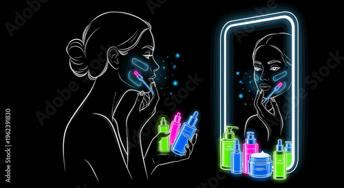 Woman applies skincare products in front of illuminated mirror reflection