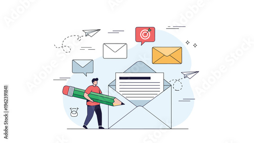 Man carrying a giant green pencil towards a large open envelope representing professional email marketing and communication strategies.