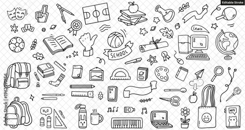 "Editable Stroke Back to School Vector Icon Set - School Supplies, Education Doodles and School Life Illustrations"