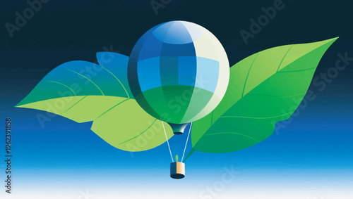 Illustration Of A Leaf-Shaped Hot Air Balloon, The Color Changes Gradation As It Rises Into The Clear Sky Vector Design Template