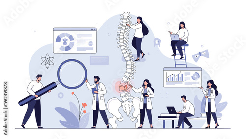 Medical professionals in white coats examining a large human spine model to analyze back pain and provide orthopedic treatment options.