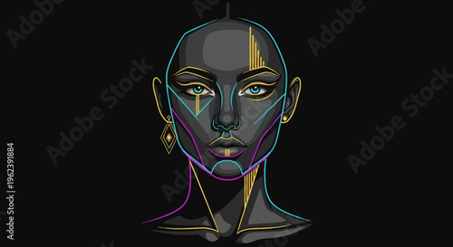 A futuristic illustration of a woman's face with neon makeup on a dark background.
