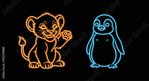 Neon outline illustration of lion cub and penguin standing side by side on black background