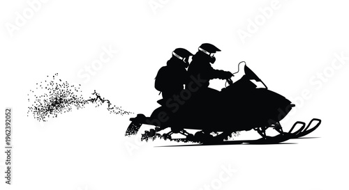Silhouette of two people riding a snowmobile through snowy landscape