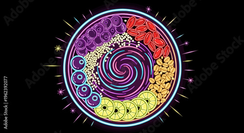 Vibrant illustration of a colorful plate filled with various foods swirling in a mesmerizing pattern.