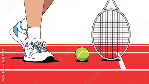 Close up of tennis player feet in white sneakers standing on a red court next to a lime green ball and racket.
