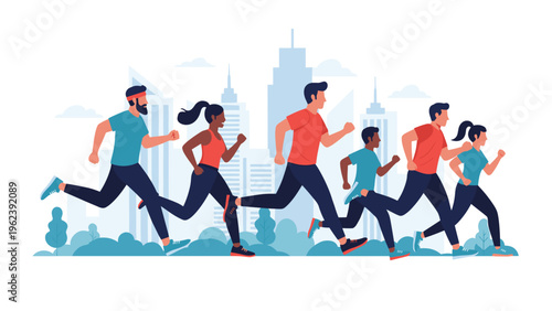 Group of diverse active people running together in a park with a modern city skyline and tall skyscrapers in the distant background.