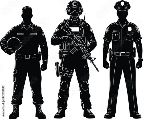 Black and white silhouette vector illustration of a military soldier, special forces operative, and police officer standing in uniform together.