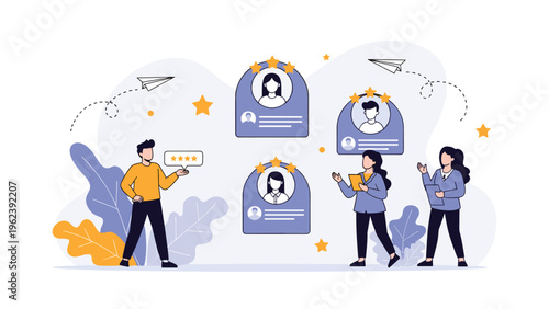 Business team evaluating and rating potential job candidates based on their professional profiles and star ratings.