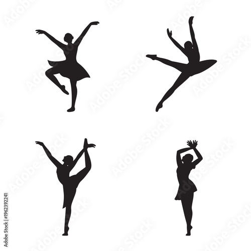 Black silhouettes of a ballet dancer group and ballerina women performing jumping poses in a graceful dance art vector illustration