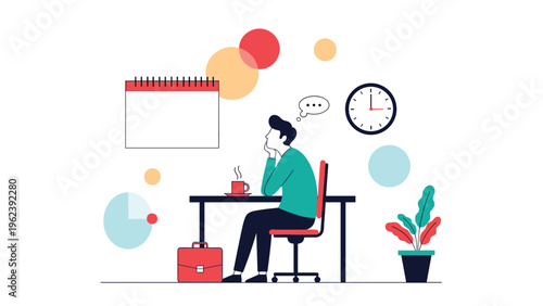 Focused office worker sitting at a desk with coffee while managing time and tasks against a backdrop of symbols.