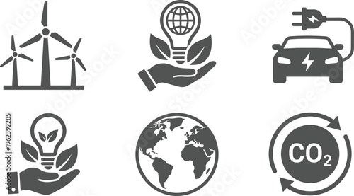 Renewable energy sustainability icons wind power electric car carbon neutral green technology eco lifestyle environmental protection vector illustration set