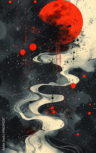Wallpaper Mural Abstract celestial river flowing towards a blood red moon. (1) Torontodigital.ca