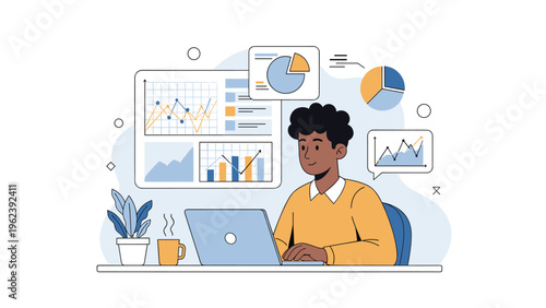 Professional analyst sitting at a desk with a laptop while reviewing various complex business data charts and graphs.