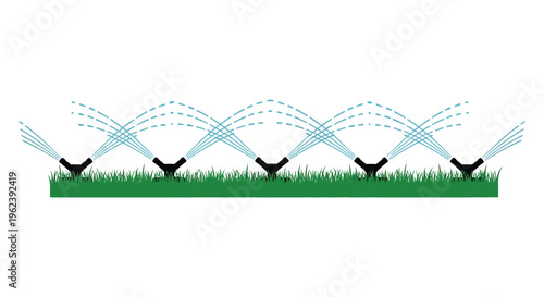 Silhouette of lawn sprinklers watering grass in a garden or park on a sunny day with silhouette