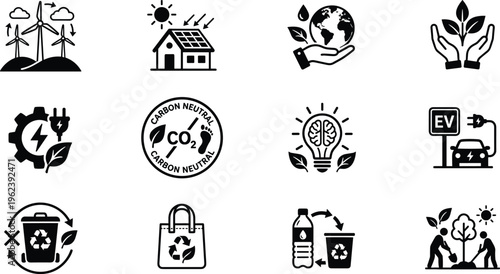 Sustainability eco icons set renewable energy recycling carbon neutral electric vehicle green lifestyle environmental protection clean technology vector illustration