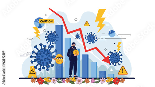 Financial crisis concept showing a person worried about money next to a falling economic chart and virus icons.