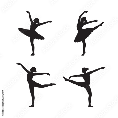 A graceful black vector illustration of a woman ballerina silhouette performing a jumping dance pose for art, fitness, and beauty