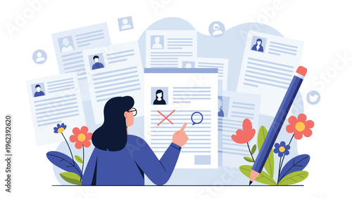 Human resources professional reviewing numerous job resumes and profiles pinned to a background to select a candidate.