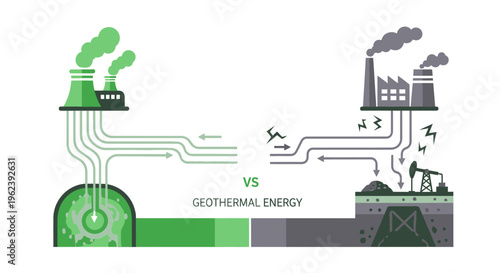 Geothermal Energy vs. Fossil Fuels Infographic: Clean Renewable Power vs. Polluting Non-Renewable Sources Comparison