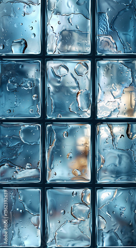 Wallpaper Mural Translucent blue glass tiles, with water droplets, showing reflections of a room. Torontodigital.ca