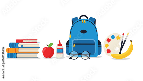 Collection of essential school supplies including a blue backpack, books, glasses, an apple, and art materials.