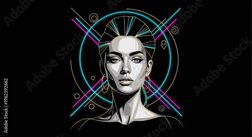 A futuristic illustration of a woman's face surrounded by neon lines and circles on a black background.