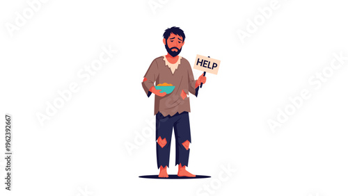 Sad homeless man in ragged and torn clothes holding a small bowl and a cardboard sign that says help while standing on a white background.