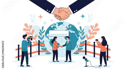 Global partnership and cooperation represented by a large handshake over the world with media coverage and teams.