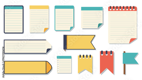 Collection of various colorful paper notes, sticky notes, and bookmarks in different shapes and sizes for organizational and planning needs.