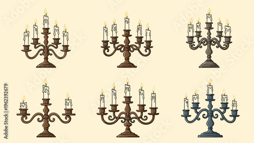 Set of six vintage style candelabras in different metal finishes each holding several lit candles with melting wax and bright flames.