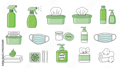 Comprehensive set of green and white hygiene products including face masks, disinfectant sprays, wet wipes, hand soap, and cotton swabs.