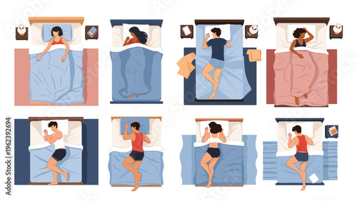 Overhead view of eight diverse men and women sleeping in different comfortable positions in beds with blue and pink blankets and pillows.